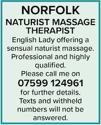 Norfolk naturist massage therapist english lady sensual professional qualified naked nudist nude