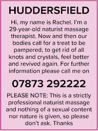 Huddersfield naturist massage therapist Rachel nudist naked nude therapy